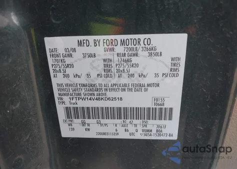 2008 Ford F-150 60Th Anniversary/Fx4/King Ranch/Lariat/Xlt z USA, uszkodzony, nr VIN 1FTPW14V48KD62518